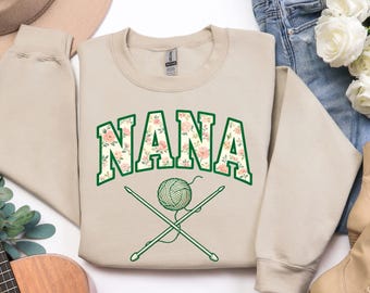 Floral NANA Knitting PNG, Vintage Grandma Knitting Design, Crochet Nana Shirt Graphic, Yarn Ball Clipart for Sublimation, Digital Download