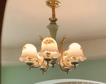 Vintage Floral Chandelier, French Country Sage Green Pendant Lighting BHA-023