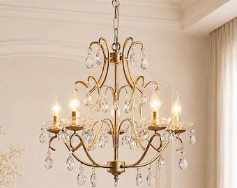 French Country Crystal Chandelier, Antique Brass Farmhouse Ceiling Light BHA-025