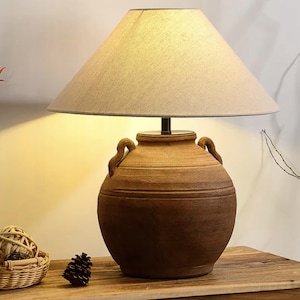 Handmade Rustic Ceramic Table Lamp, Distressed Pottery Bedside Light, Linen Shade BHY-019
