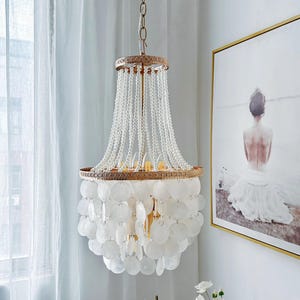 Capiz Shell Chandelier, Gold Frame Coastal Pendant Light, Boho Ceiling Fixture