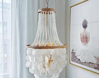 Lampadario in conchiglie Capiz, lampada a sospensione costiera con struttura dorata, lampadario da soffitto boho