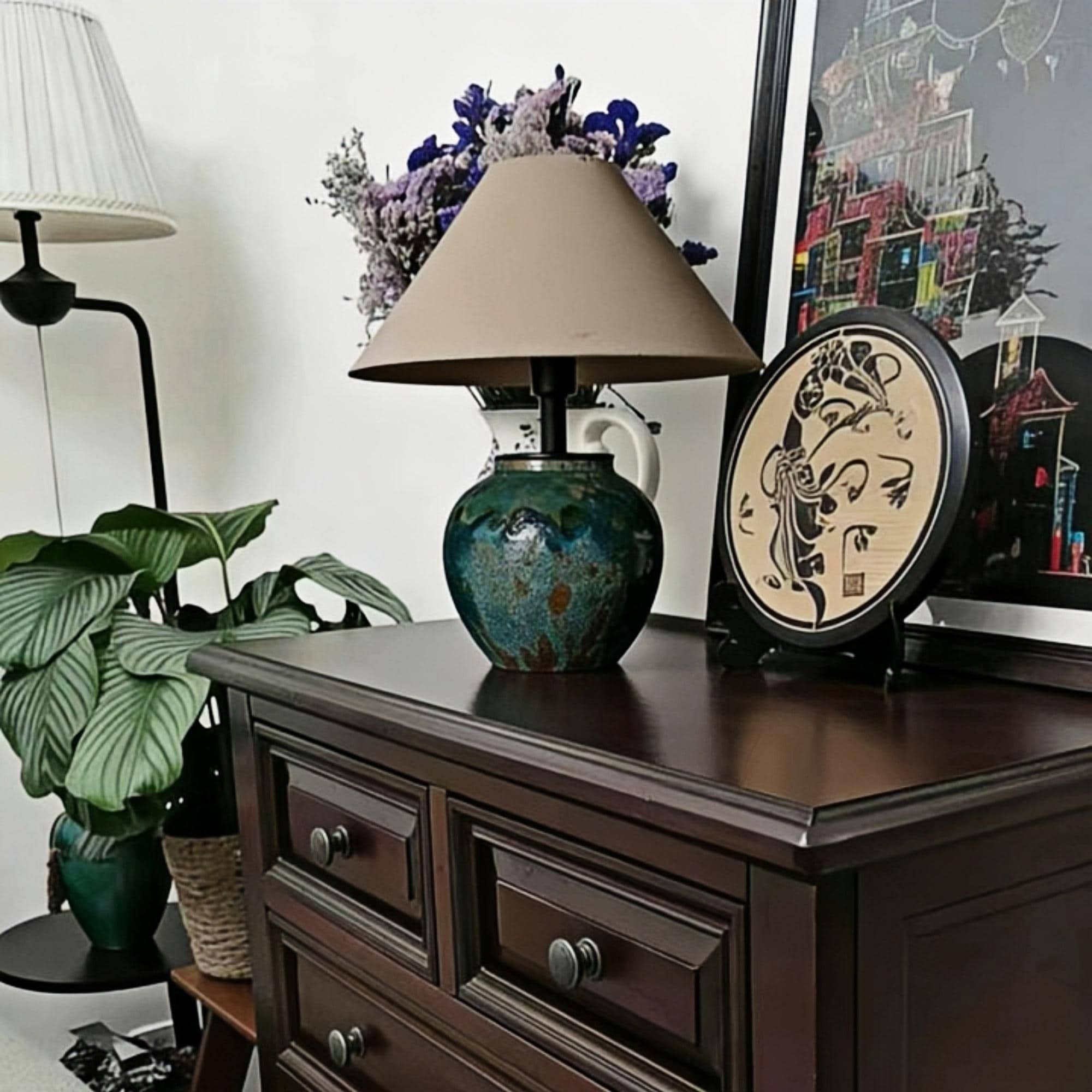 Rustic Ceramic Table Lamp, Blue Glazed Pottery Base, Burlap Shade, Boho ...