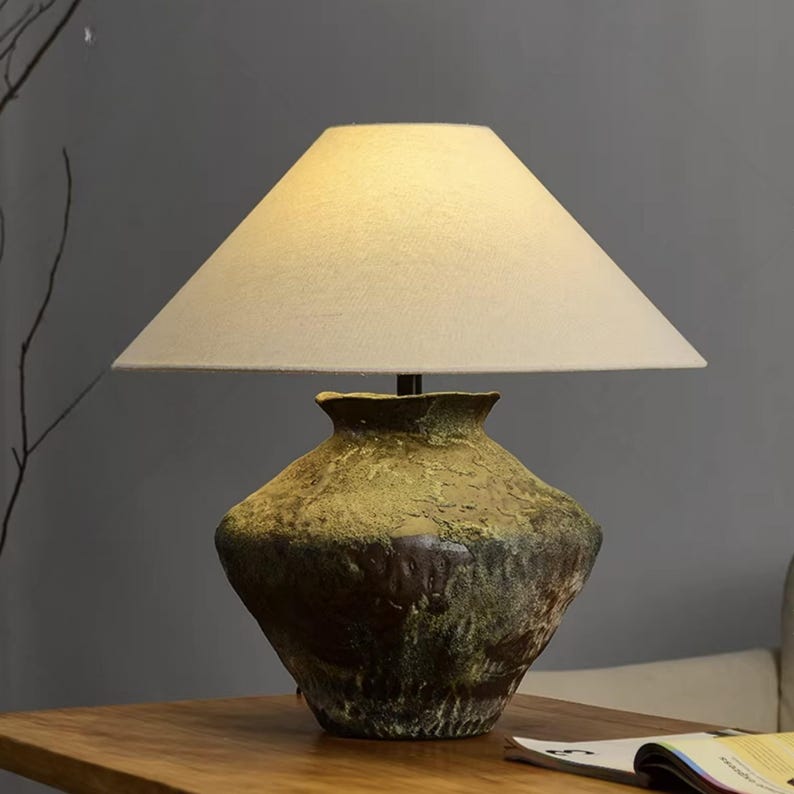 Wabi Sabi Ceramic Table Lamp, Linen Shade, Rustic Modern Decor BHT008 — free download