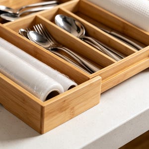 May include: A bamboo cutlery organizer with multiple compartments. The organizer holds silverware, including forks, spoons, and knives. Rolls of clear plastic wrap are also visible. The organizer sits on a white countertop.