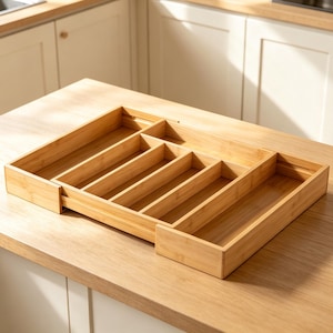 May include: A bamboo cutlery tray with multiple compartments for organizing silverware. The tray is rectangular with a natural wood finish and is designed to fit inside a kitchen drawer. The compartments are various sizes.