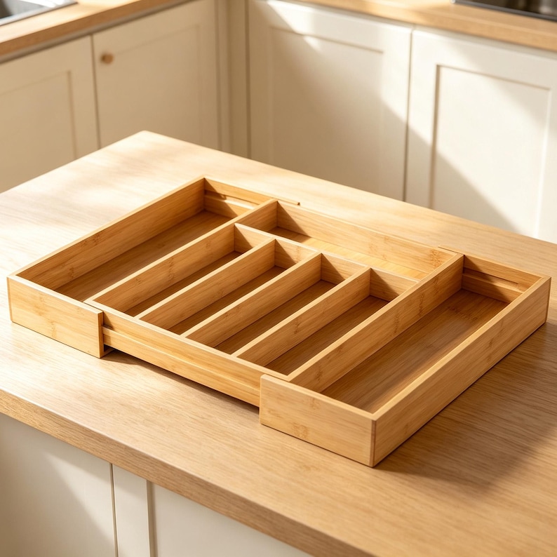 May include: A bamboo cutlery tray with multiple compartments for organizing silverware. The tray is rectangular with a natural wood finish and is designed to fit inside a kitchen drawer. The compartments are various sizes.