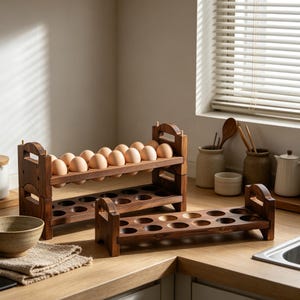 May include: Wooden egg racks, holding a dozen brown eggs, sit on a wooden countertop. The racks are stained a dark brown and have a rustic design. The kitchen setting includes a bowl, a window, and other kitchenware.