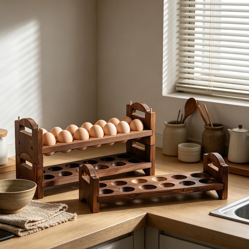 May include: Wooden egg racks, holding a dozen brown eggs, sit on a wooden countertop. The racks are stained a dark brown and have a rustic design. The kitchen setting includes a bowl, a window, and other kitchenware.