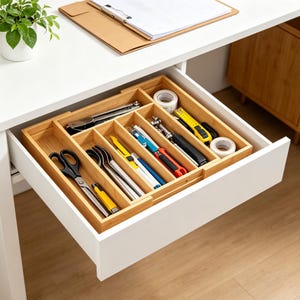 May include: A white desk drawer with a bamboo organizer filled with office supplies. The drawer contains scissors, tape, utility knives, pens, and other tools. A small plant and a clipboard sit on the desk above the drawer.