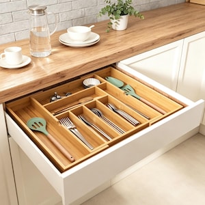 May include: A kitchen drawer organizer made of bamboo, filled with silverware and cooking utensils. The drawer is open, revealing a variety of forks, spoons, and spatulas. The organizer is set inside a white cabinet with a wooden countertop.