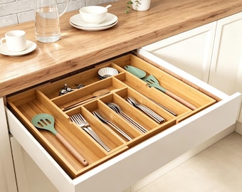 Bamboo Kitchen Drawer Organizer – Utensil Flatware Cutlery Tray Holder