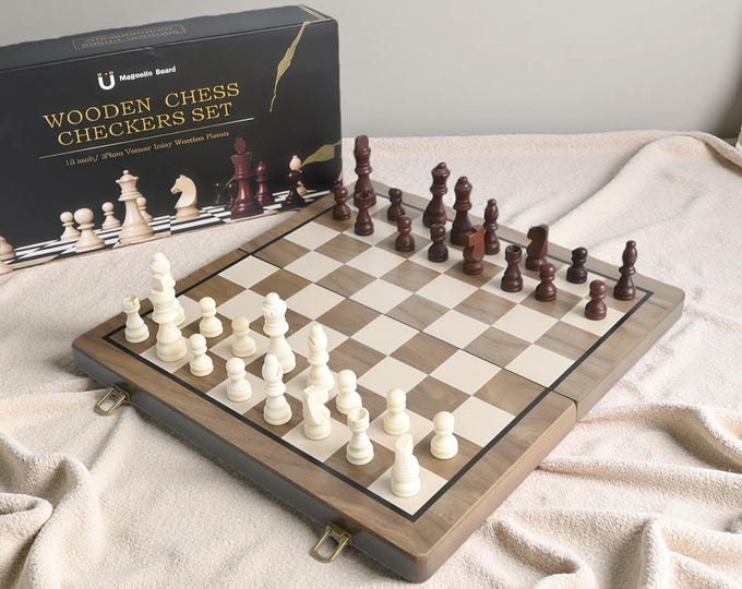 Magnetic Wooden Chess and Checkers Set with Free Christmas Gift - Hand-Carved Travel Game