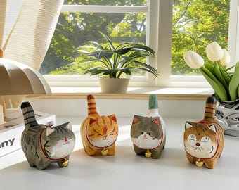 Figuritas de gatos de madera talladas a mano, esculturas artesanales de animales, decoración para el hogar en madera natural.