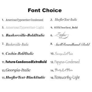 Puede incluir: Una lista de texto negro titulada Font Choice que presenta diecis&eacute;is estilos de fuente numerados, incluidos AmericanTypewriter-Condensed, HoeflerText-Italic, AmericanTypewriter-Light, STIXTwoText_Bold, Baskerville-BoldItalic, Zapfino, Baskerville-Italic, SnellRoundhand-Bold, Cochin-BoldItalic, SavoyeLetPlain, Futura-CondensedExtraBold, Papyrus-Condensed, Georgia-Italic, PartyLetPlain, HoeflerText-BlackItalic y Noteworthy-Light.
