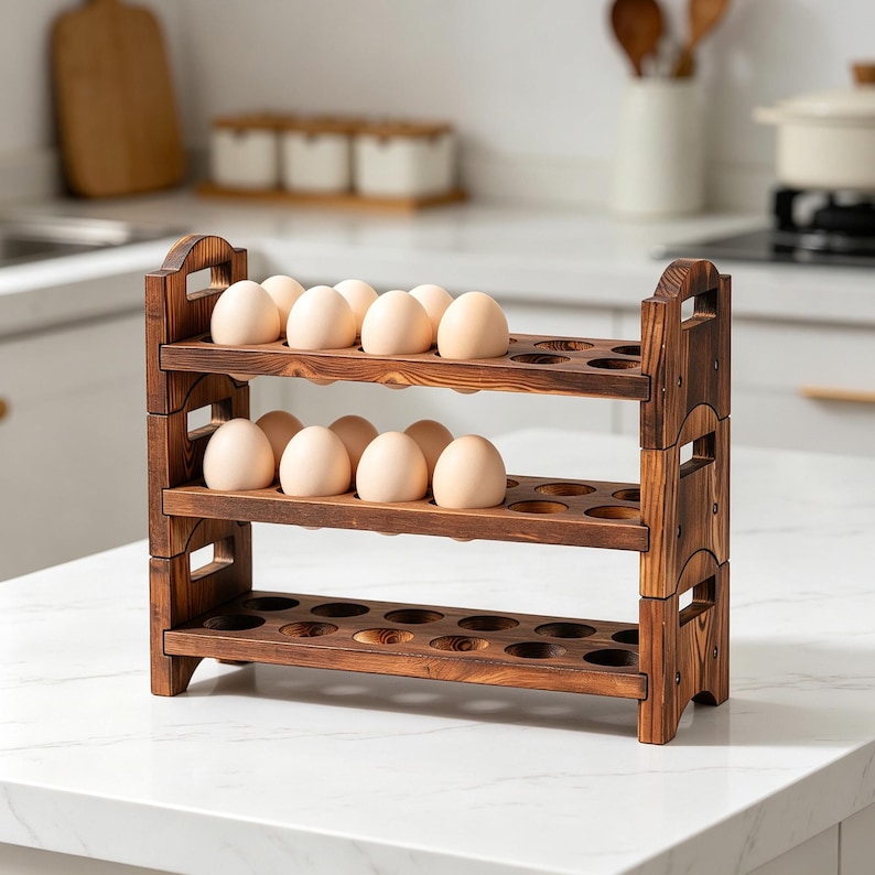 May include: A three-tiered wooden egg holder, stained a warm brown, filled with a dozen eggs. The rustic design features cut-out holes for each egg and handles on the sides. Perfect for kitchen organization.