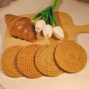 Woven Rattan Coasters Set of 4, 6, and 8 Natural Table Protectors for Drinks