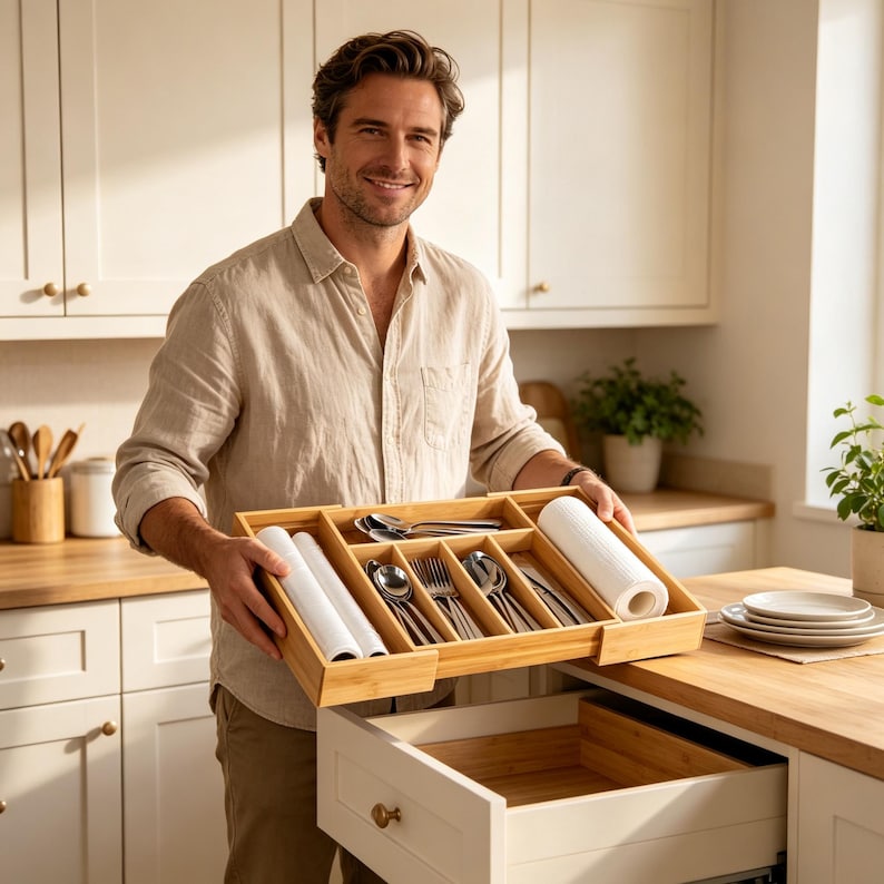 May include: A bamboo cutlery tray with multiple compartments, holding silverware, rolled napkins, and a roll of paper towels. The tray is being held in front of an open kitchen drawer. The kitchen has white cabinets and a wooden countertop.