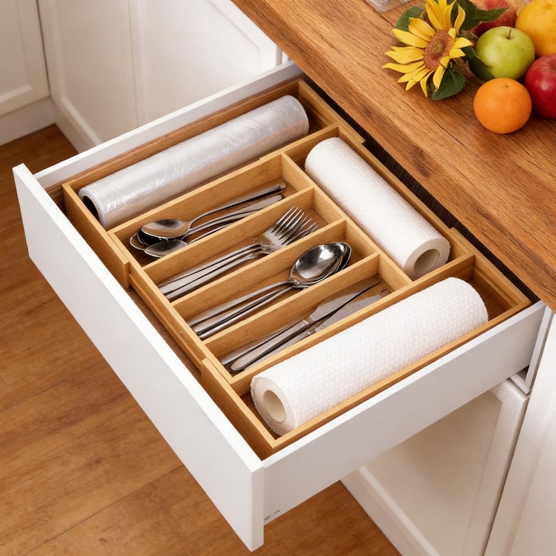 May include: A white kitchen drawer is open, revealing a bamboo organizer filled with silverware, plastic wrap, and paper towels. The drawer is set into a white cabinet, with a wooden countertop above, holding fruit and a sunflower.