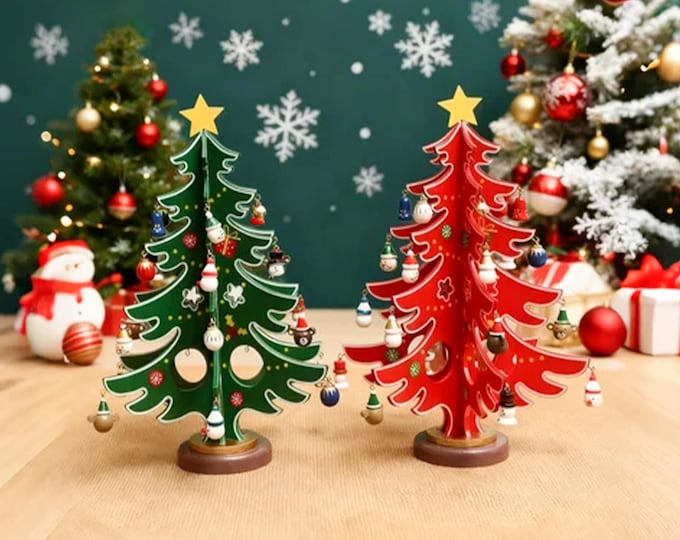 Featured listing image: Handmade Red and Green Wooden Christmas Tree Decor