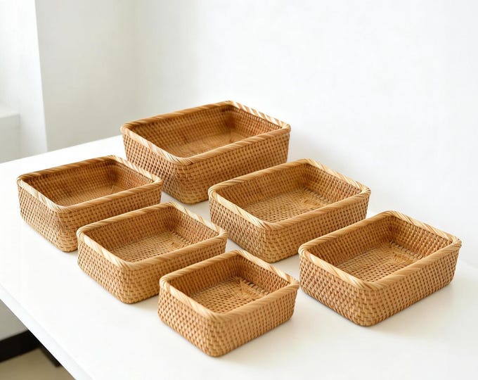 Custom Handwoven Rattan Storage Basket Rectangular Woven Baskets Home Organizer Customize Baskets