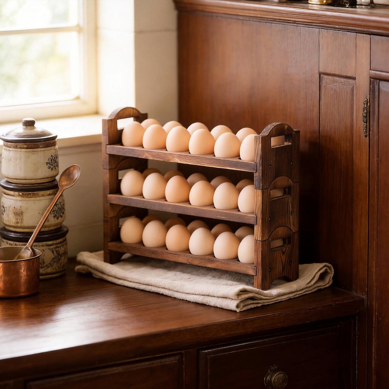May include: A three-tiered wooden egg rack filled with fresh, brown eggs. The rack is made of dark-stained wood and sits on a linen cloth. The design includes arched handles on the sides. The eggs are displayed on a wooden countertop.