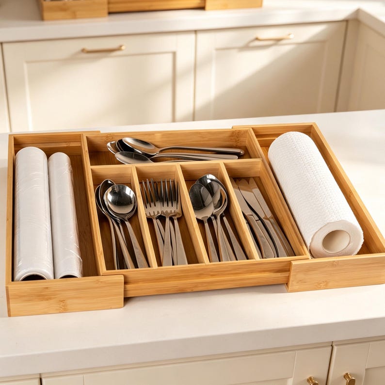May include: A bamboo kitchen utensil organizer with multiple compartments. The organizer holds silverware, plastic wrap, and a roll of paper towels. The silverware includes spoons, forks, and knives. The organizer is on a white countertop.