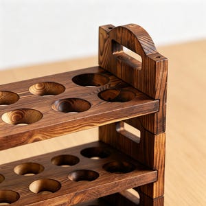 May include: A wooden wine rack with a dark brown finish. The rack has multiple levels with circular cutouts designed to hold wine bottles. It features a handle at the top for easy carrying. The wood grain is visible.