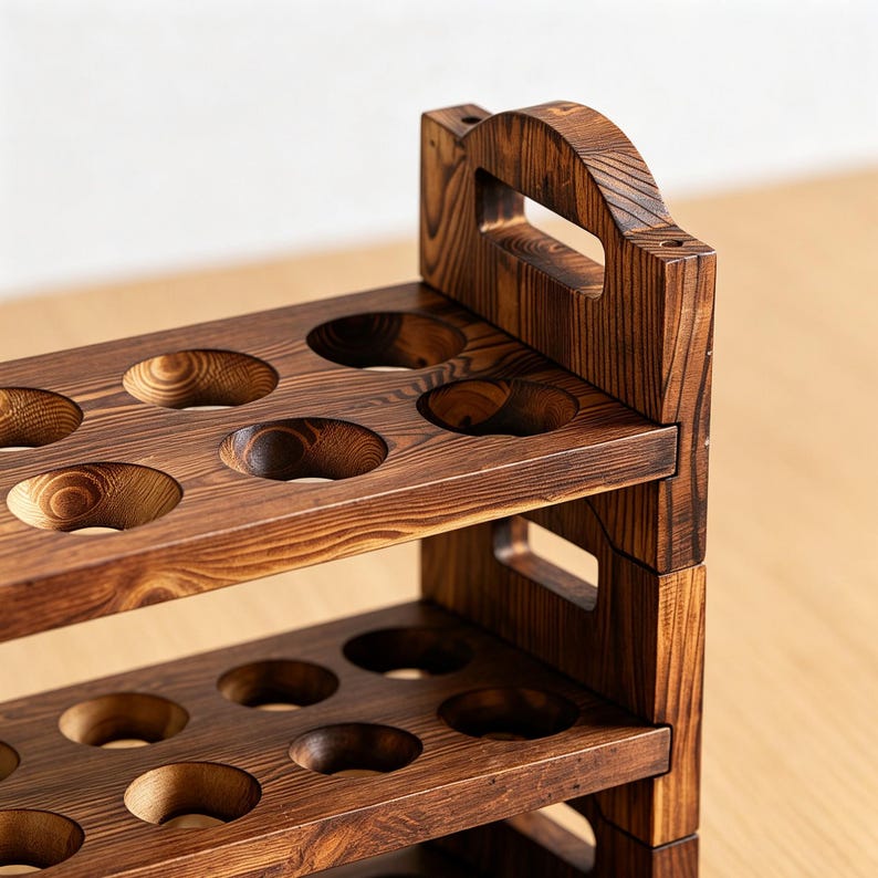 May include: A wooden wine rack with a dark brown finish. The rack has multiple levels with circular cutouts designed to hold wine bottles. It features a handle at the top for easy carrying. The wood grain is visible.