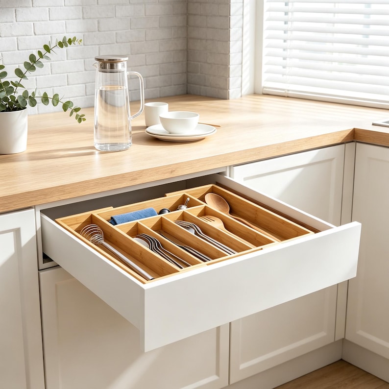 May include: A white kitchen drawer is open, revealing a bamboo cutlery organizer filled with silverware. A wooden spoon, whisk, and blue cloth are also visible. A glass water pitcher, white bowl, and plate sit on the countertop.