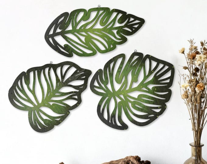 Dark Green Wooden Leaf Wall Art with Free Christmas Gift - Botanical Set of 3