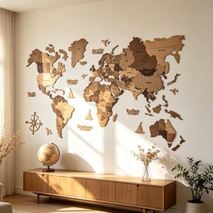 Peut inclure: Une grande carte du monde en bois fixée au mur, composée de différentes nuances de bois. La carte comprend des continents découpés au laser, les noms des océans, une rose des vents, ainsi que des icônes d'avions et de voiliers en bois.