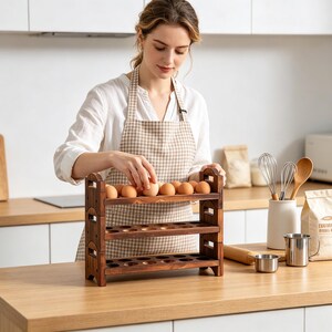 May include: A three-tiered wooden egg holder with a dark brown finish. The holder is filled with brown eggs. The person in the image is placing an egg in the top tier. Kitchen utensils and ingredients are in the background.