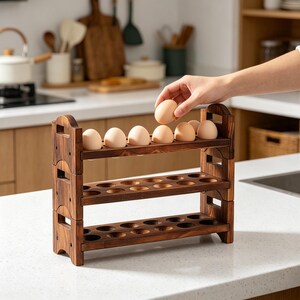 May include: A three-tiered wooden egg holder with a rustic design. The holder is made of dark brown wood and has holes to hold eggs. Several brown eggs are placed on the top shelf. A hand is placing an egg on the top shelf. Kitchenware is visible in the background.