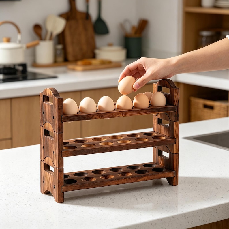 May include: A three-tiered wooden egg holder with a rustic design. The holder is made of dark brown wood and has holes to hold eggs. Several brown eggs are placed on the top shelf. A hand is placing an egg on the top shelf. Kitchenware is visible in the background.