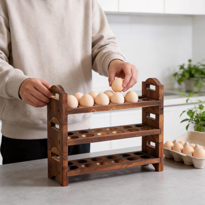May include: A three-tiered wooden egg holder with a dark brown finish. The holder has a total of 30 circular openings to hold eggs. The image shows a person placing eggs into the top tier. A carton of eggs is visible in the background.