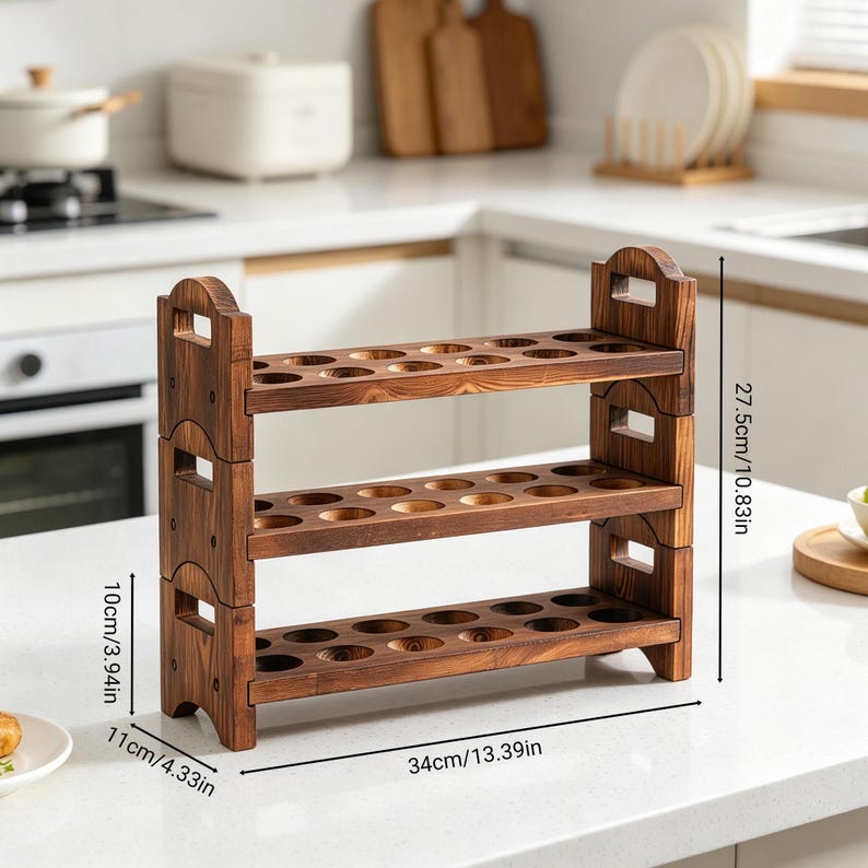 May include: A three-tiered wooden egg holder, stained in a dark brown finish. The holder has a rectangular base, with dimensions of 13.39 inches in length and 4.33 inches in width. It stands 10.83 inches tall. Each tier features multiple circular openings for egg storage.