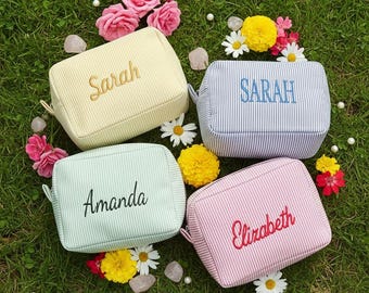 Embroidered Name Seersucker Cosmetic Bag, Personalized Toiletry Travel Organizer