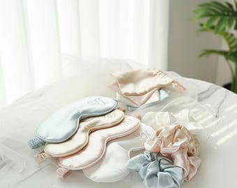 Luxury Silk Sleep Mask Set | Satin Eye Mask with Scrunchie & Bag | Bridesmaid Gift | Personalized Travel Sleep Set | Self Care Gift for Her