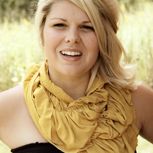 Hand-Dyed Mustard Knit Triple Ruffle Infinity Scarf