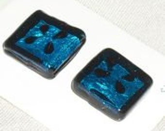 Blue Square Buttons / Unique Buttons / Glass Buttons / For Him / Craft Supply / Sewing Supply / Set of 2