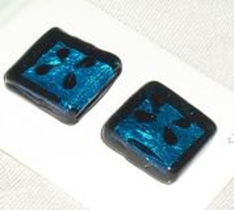 Blue Square Buttons / Unique Buttons / Glass Buttons / For Him / Craft Supply / Sewing Supply / Set of 2 image 1