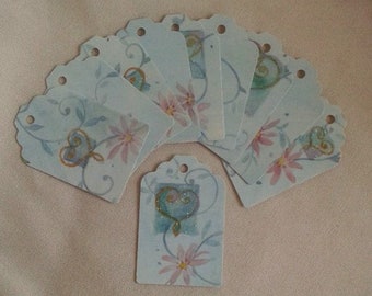 Flower and Hearts Tag Set  / Blue Tags / Set of 9 Flower and Hearts Tags