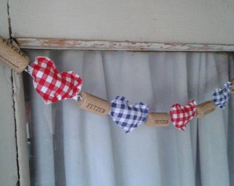 Red White and Blue Wine Cork Decor / Picnic Decor / Memorial Day Decor / Picnic Plaid Stuffed Hearts / 4th of July / Recycled