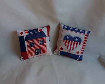 Americana Mini Pillow / Tiered Tray Decor / Flag Heart Print / Log House Print / Red White Blue / 4th of July / Primitive Flag Decor