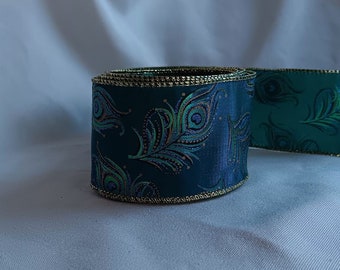 Peacock Feather Ribbon / Turquoise Blue / Shimmer Shades of Blue and Green / Wire Ribbon / 2.5" X 12 Feet