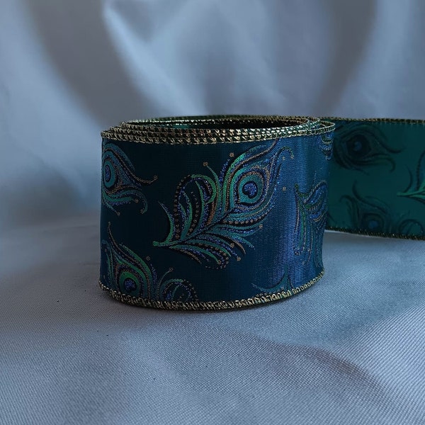 Peacock Feather Ribbon / Teal / Turquoise Blue / Shimmer Shades of Blue and Green / Wire Ribbon / 2.5" X 12 Feet
