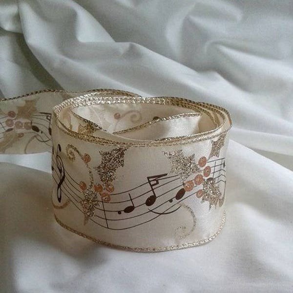 Beautiful Music Note Design / Golden Ribbon / Holly Leaf Design / 2.5" X 12 Feet