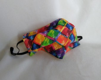 Rainbow Squares Face Mask / Rainbow Mask / Tie on or Elastic /  Double Layer / Adult Size Mask