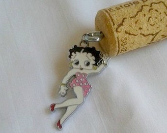 Cork Keychain with a Betty Boop in a cute Pink Dress Hanging Charm